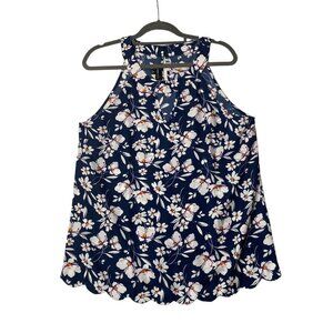 FORTUNE + IVY Blouse Top Women Size Medium Blue Floral Scalloped Hem Keyhole